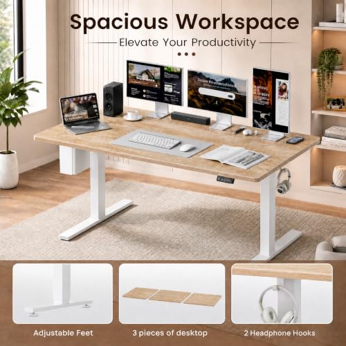 Image of Grandder 63x32 Large Electric Standing Desk, Height Adjustable Computer Desk with 2 Memory Presets, 31.5 inch Deep Desktop Sit Stand Desk Home Office Desk Workstation Table with Hooks, Oak