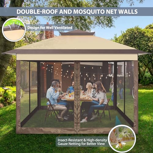 Image of COBIZI Pop Up Gazebo 11x11 Canopy Tent, Outdoor Screened Gazebo Shelter with Mosquito Net, Carpas para Patio, Shade for Lawn, Garden, Backyard and Deck, Brown