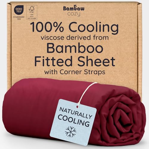 Bambaw 100% Viscose Derived from Bamboo King Size Fitted Sheet, Cooling, Deep Pocket, Burgundy
