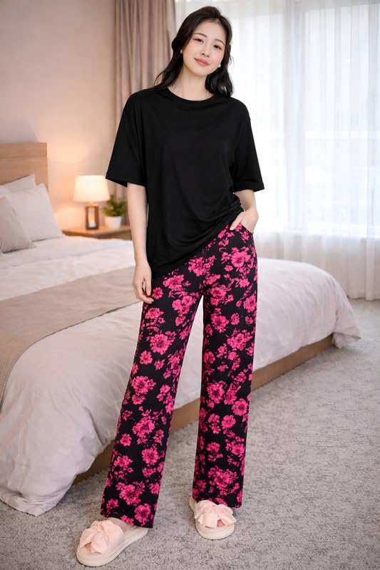 Image of KSHS Printed Round Neck Short Sleeve Nightsuit Set | Pajama Set | Casual Night Dress for Women