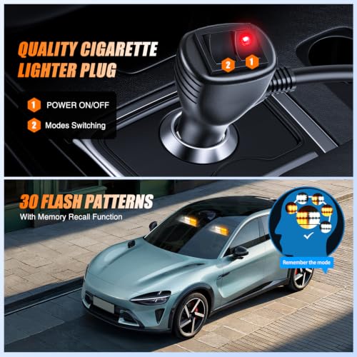 Image of Nilight 16LED Amber White Dash Strobe Light Cigarette Lighter Plug | Dual-Switch 2-in-1 Deck Split Flashing Lights for Truck Construction Pickup Interior Front /Rear Windshield Mount 30 Modes