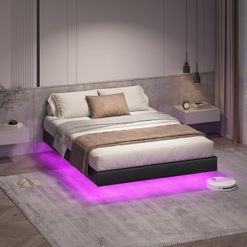 DICTAC Bett 140x200 mit Verstellbarer Beleuchtung,Bettgestell 140x200 mit weicher Polsterung, Floating Bed Frame, Gepolstertes Jugendbett für Schlafzimmer, Gästezimmer, Leichte Montage, Schwarz