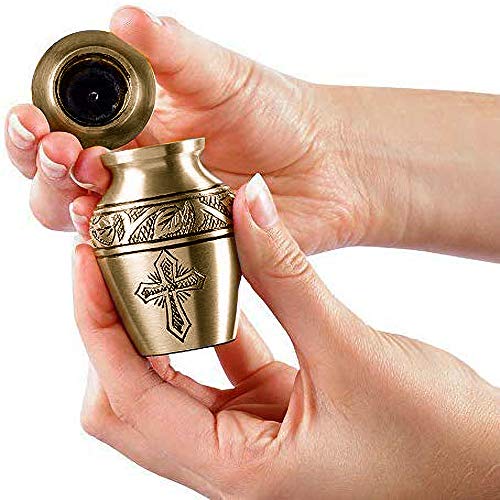 Trupoint Set Of 4 Small Urns For Human Ashes Adult Male Or Female - Holds 0.75 Lbs. Per Mini Urn, 2.75" X 1.75" Mini Cremation Urns, Keepsake Burial Urns With Case & Bags - Cross Bronze. #TOP4