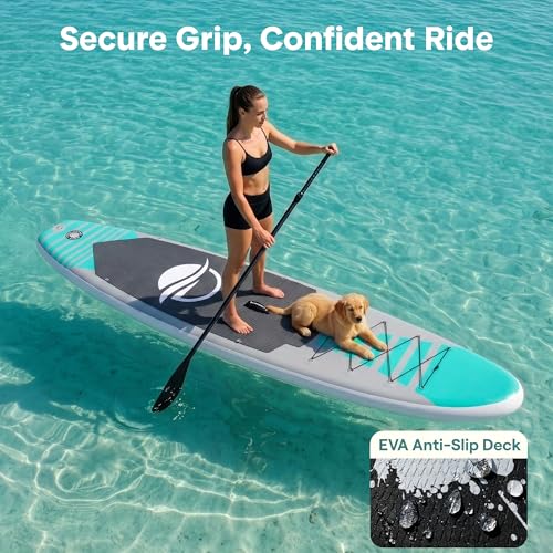 Image of SereneLife 10'6 inch Inflatable Stand Up Paddle Board with Premium SUP Accessories - 32 inch Wide Stable Design with Non-Slip EVA Deck Pad, for Youth and Adults, 350 lbs. Capacity