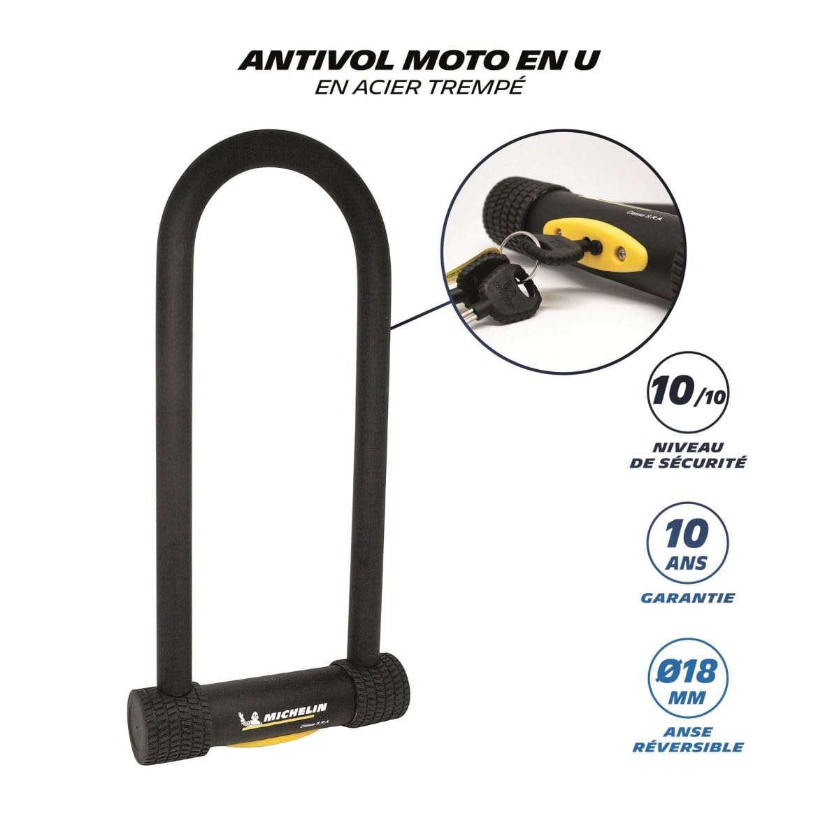 MICHELIN - Antivol U SRA 112x310 mm Ø18 mm - Sécurité 10/10 - Certifié SRA et Art - Acier trempé - Serrure à cylindres 7 disques - 3 clés fournies - Garantie 10 Ans