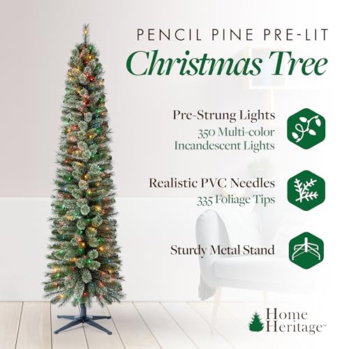 Home Heritage 7ft Stanley Slim Pre-Lit Pencil Christmas Tree – Artificial Pine with 350 Multicolor Incandescent Lights and 335 Branch Tips – Indoor Holiday Decor