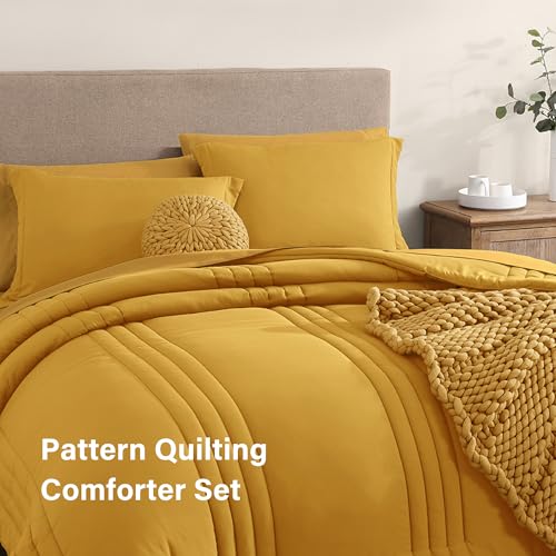 Image of Monbix Queen Comforter Set - 7 Pieces Bright Yellow Bed in a Bag Queen Bedding Sets with Comforters, All Seasons Comforter Bed Set with Sheets,Pillowcases & Shams