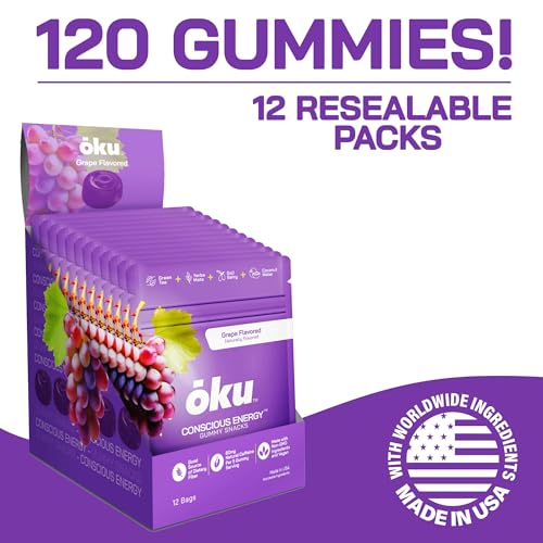 Image of ōku Energy Chews - Energy Gummies w /Natural Caffeine from Green Tea | Yerba Mate, Coconut Water for Hydration, 4g Vegan Fiber Gummy, Non-GMO | Running, Cycling, On-the-Go Snacks, Grape (12-Pack)