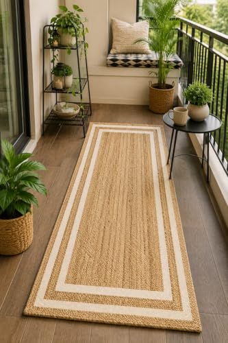 Image of Handmade Natural Jute Runner Rug for Hallway Living Room Kitchen Bedroom Floor Carpet (Beige + White Design, 2x5)