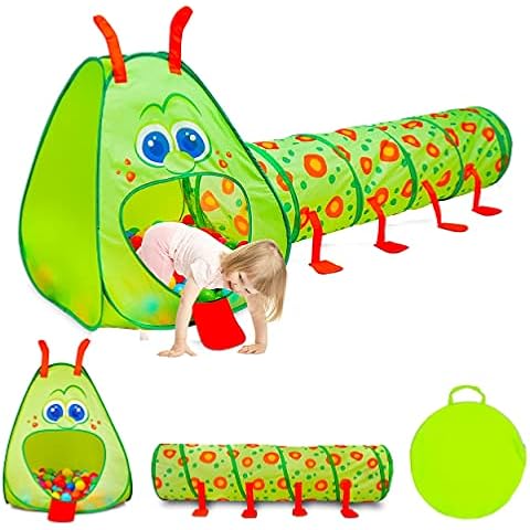 Kiddey Caterpillar Kids Play Tunnel and Tent | 2 Pc. Crawl Through Baby Ball Pit Pop up for Toddler, and Babies, Indoor & Outdoor Jungle Gym Party Gift | Crawling Tunnels & Tents for Toddlers Cover