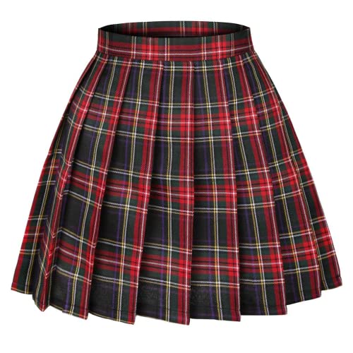 siyecaoo Faltenrock für Damen, kariert, für kleine Mädchen, Mini-Tartanrock, Schuluniform, mit Shorts, grün / schwarz, 34 Cover