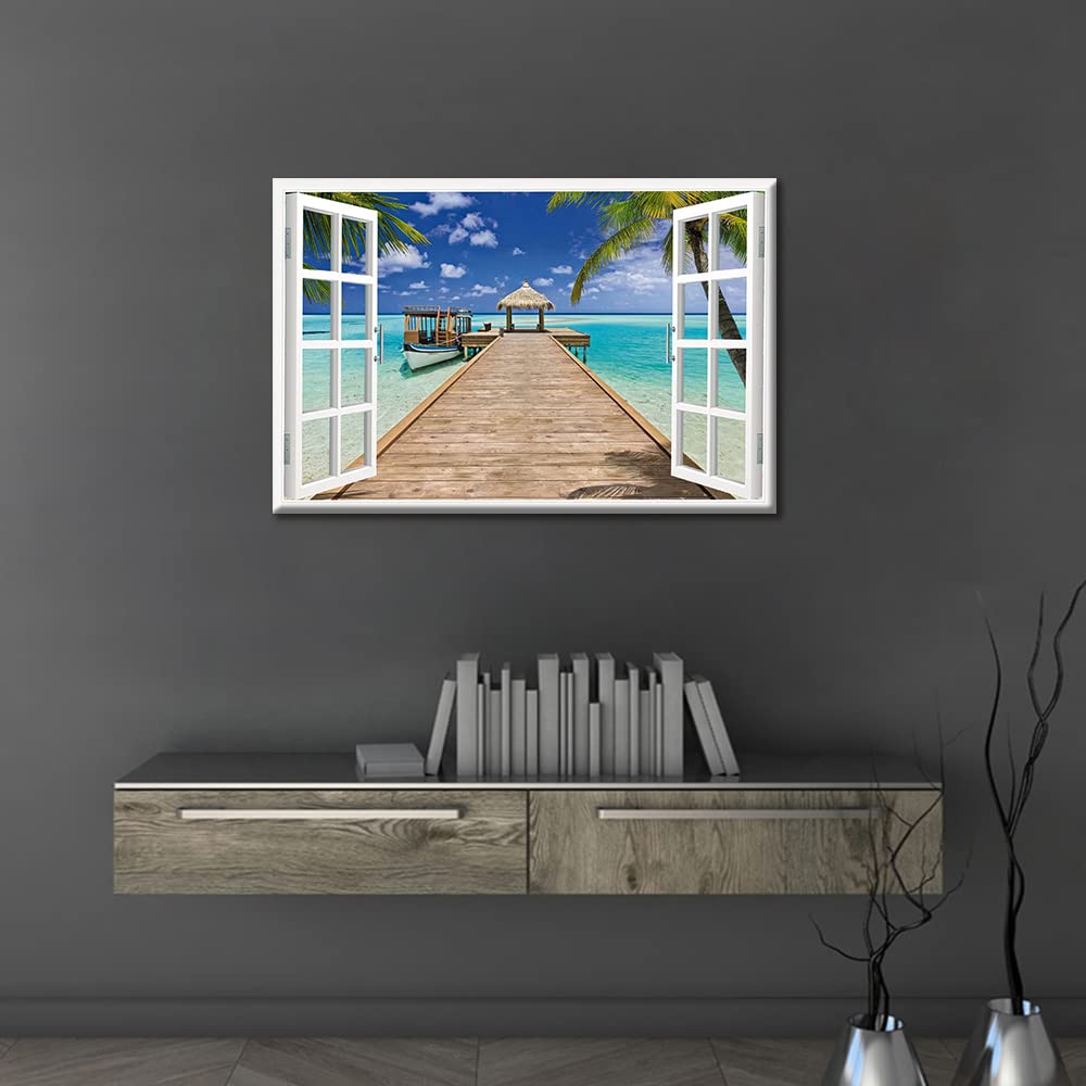TISHIRON 3D Window Effect Seaside Coconut Tree Canvas Wall Art for Living Room Family Wall Decor Hang Pictures Wall Paintings Kitchen Office Canvas Art Prints Home Decor 12x18inch - Image 2