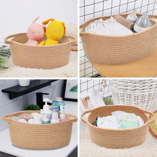 Image of ABenkle Small Basket with Handles, Boho Decorative Rope Woven Dog Cat Toy Storage Bin Shelf Storage Organizer, Easter Christmas Gift Basket, 12 inchx8 inchx5 inch