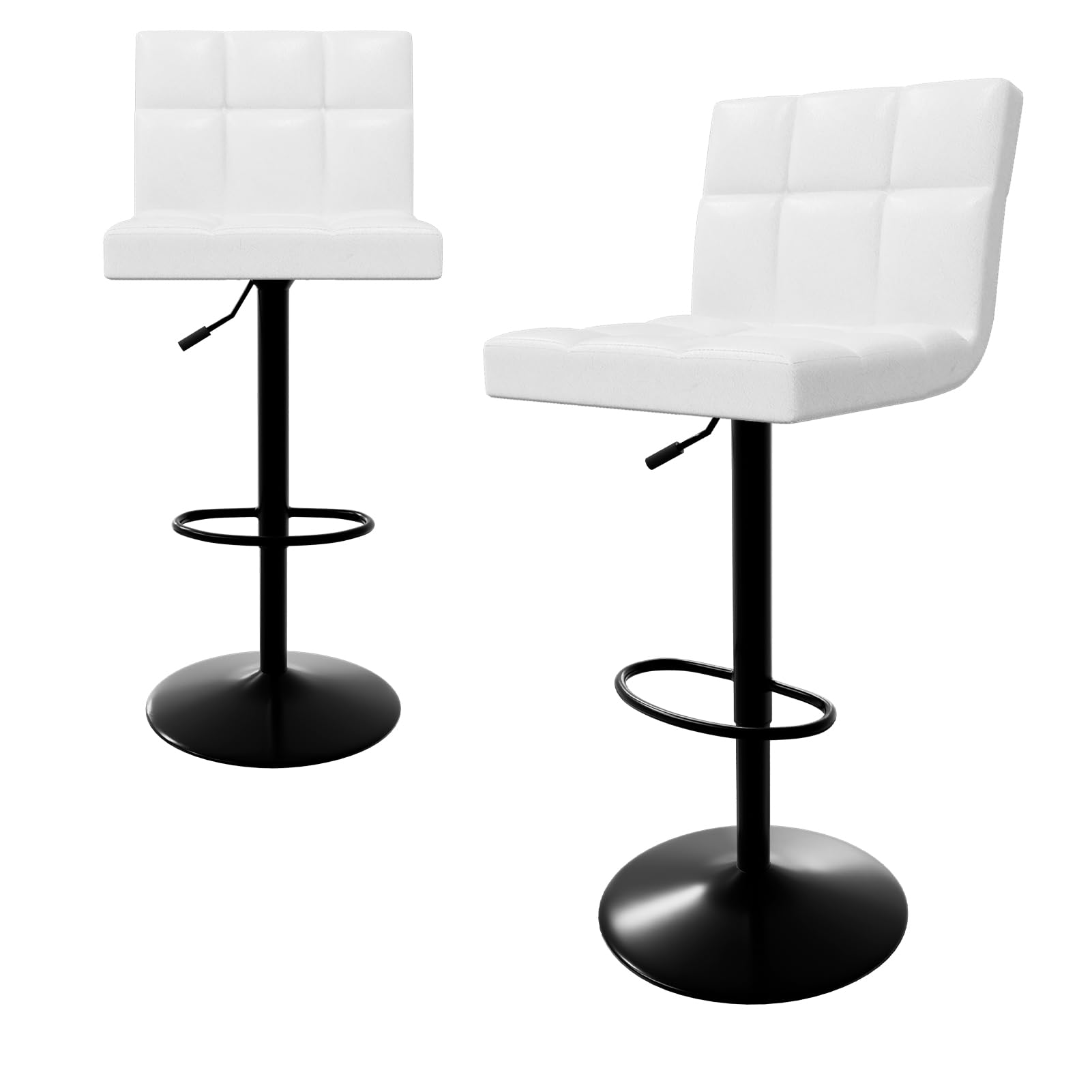 Fruyyzl Taburetes Altos de Cocina Juego de 2, Taburete Bar Giratorio Ajustable de Cuero PU Moderno, Sin Reposabrazos Taburete Cocina Alto, Cojín Asiento Engrosado Taburete Alto, Blanco, Patas Negras