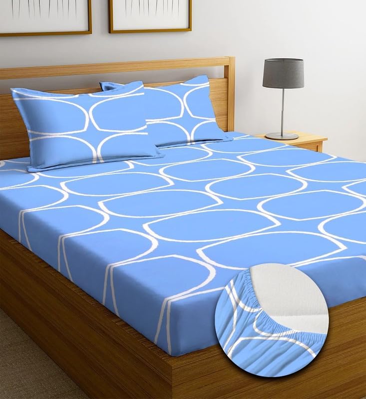 CHECK&MATE Premium Cotton Elastic Fitted Bedsheets with 2 King Size Pillow Covers | Double Bed with All Around Elastic 180 TC Supersoft |Size-72x78x10 inches | - Sky Round (B0DH49YJK7) Amazon Price History, Amazon Price Tracker