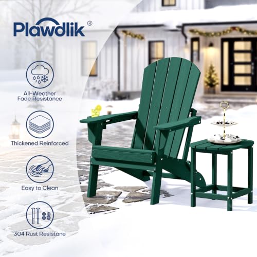 Image of Plawdlik Folding Adirondack Chair Set of 3, Cup Holder, Green | pin-free folding, 38-in tall back, Wood-grain All-weather HDPE; for fire pit, poolside, deck, backyard, patio