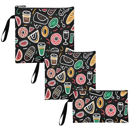 Cartoon Ice Cream Dessert 3-Pack Reusable Sandwich Bags Multi-Use Food-Safe Storage Zipper Bag for Travel Items, Home Organization