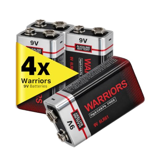 Warriors 4X Pila Pilas 9V alcalinas bateria 9v, de Larga duración, potentes, para detectores de Humo, detectores de Incendios, sensores de Alarma 6lr61 6F22 PP3 MN1604