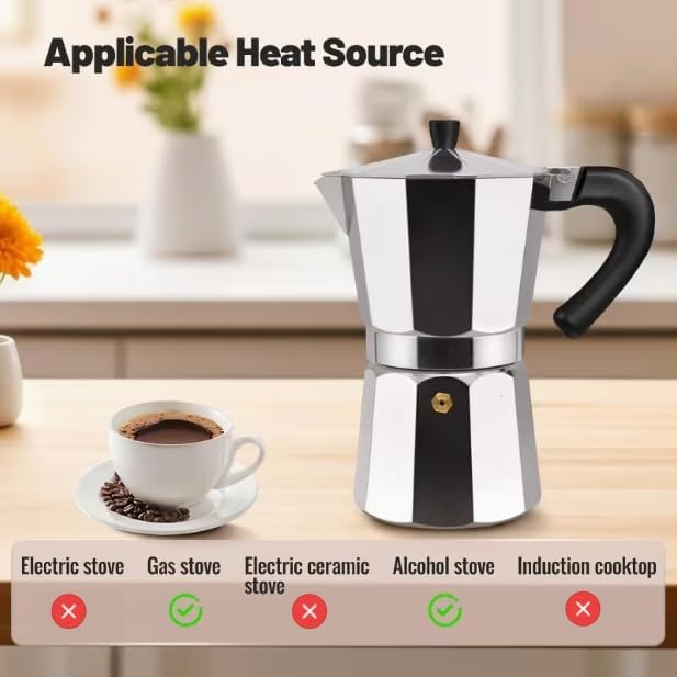 HomeBeyond 12 Cup Aluminum Moka Pot, Classic Stovetop Espresso Maker, 600ml / 20oz Coffeemaker for Gas & Ceramic Stovetops (Silver)