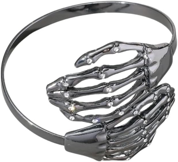 Skeleton Hand Halloween Bangle Cuff Bracelet for Women Men Cubic Zirconia Crystal Skull Adjustable Open Cuffs Wrap Wrist Bracelets Punk Holiday Festive Party Jewelry Gifts for Mother Custome Accessory