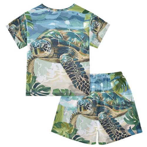 ALAZA Turtle Tropical Leaves Pajama Set Short Sleeve Sleepwear Soft Lounge Nightwear2