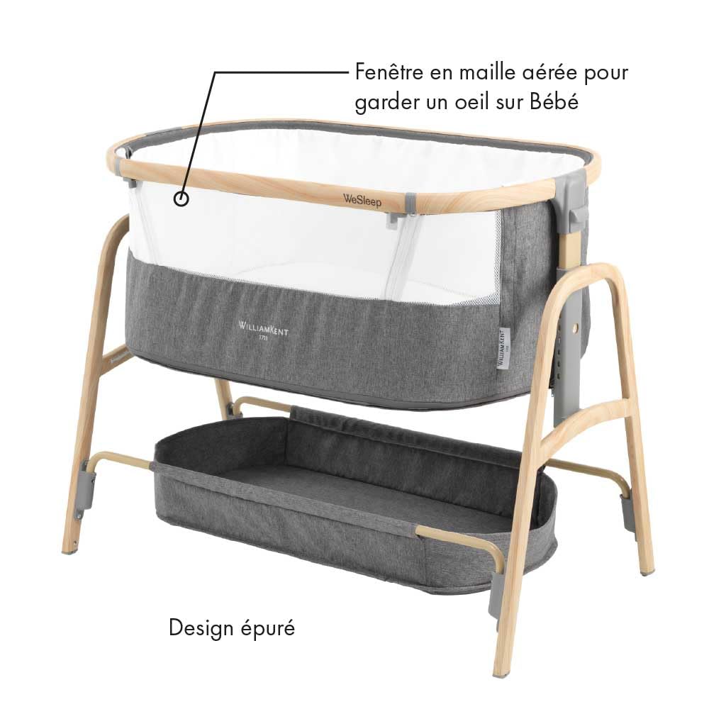 Lit bébé cododo Wesleep William Kent avec matelas 2,5cm, hauteur réglable 7 niveaux, fenêtre filet et sangles, panier rangement