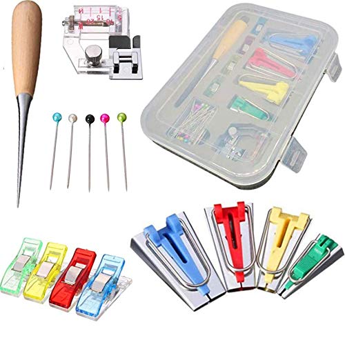 YICBOR Bias Tape Maker 6mm 12mm 18mm 25mm Fabric Bias Binding Maker with Binder Foot Bradawl Quilting Clips Sewing Pins Kit (bias Tape Maker Set)