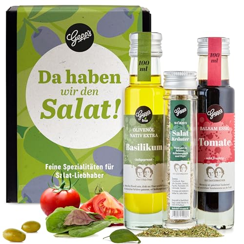Gepp’s Feinkost Essig & Öl Salat Set 3-teilig I Geschenkidee mit Öl, Essig und Salatgewürz für aromatische Kreationen I Bio-Basilikum-Olivenöl, Tomaten-Balsamessig & Salatkräuter
