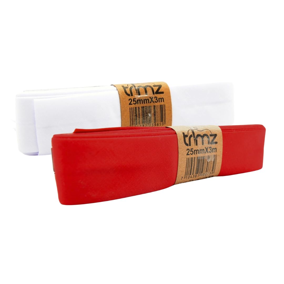 Trimz Polycotton Bias Binding Tape 3m Bundle – 2 Colour Set (Red & White) | Polycotton Bias Tape for Sewing, Dressmaking & Creative Crafts