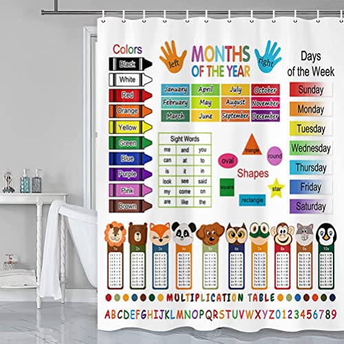 Image of ABC Educational Kids Shower Curtain, Learning Theme Fabric Bathroom Decor Set with Grommets and Hooks, Multiplication Table, Colorful