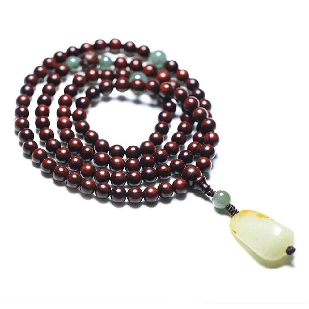 XANAYXWJ Legno di Sandalo Rosso Naturale 108 con Pendente in nefrite, Collana di Perle di Mala Buddista in Legno per Yoga, 8 mm