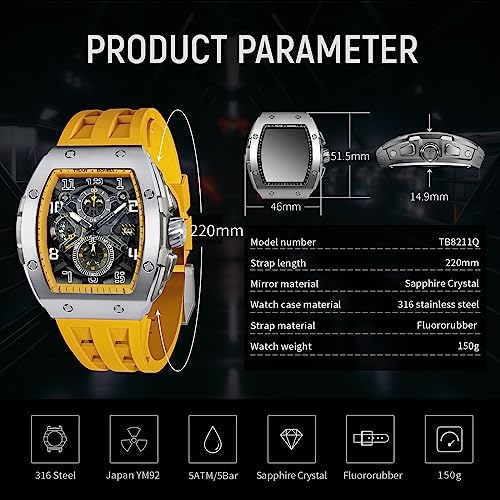 Image of TSAR BOMBA Mens Watches Luxury Tonneau Watches for Men Waterproof 50M Analog Watch Chronograph Calendar Date Men's Dress Business Work Watch Diver Large Square Face Wristwatch