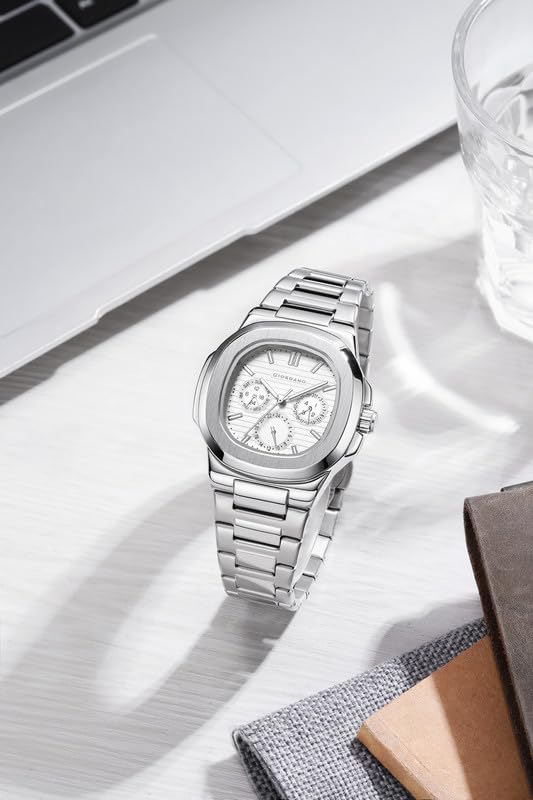 Image of GIORDANO Analog Multifunction Watch for Men - Textured Dial with Cushion Case, Luminous Index Markers, Stainless Steel Strap, Day & Date Display