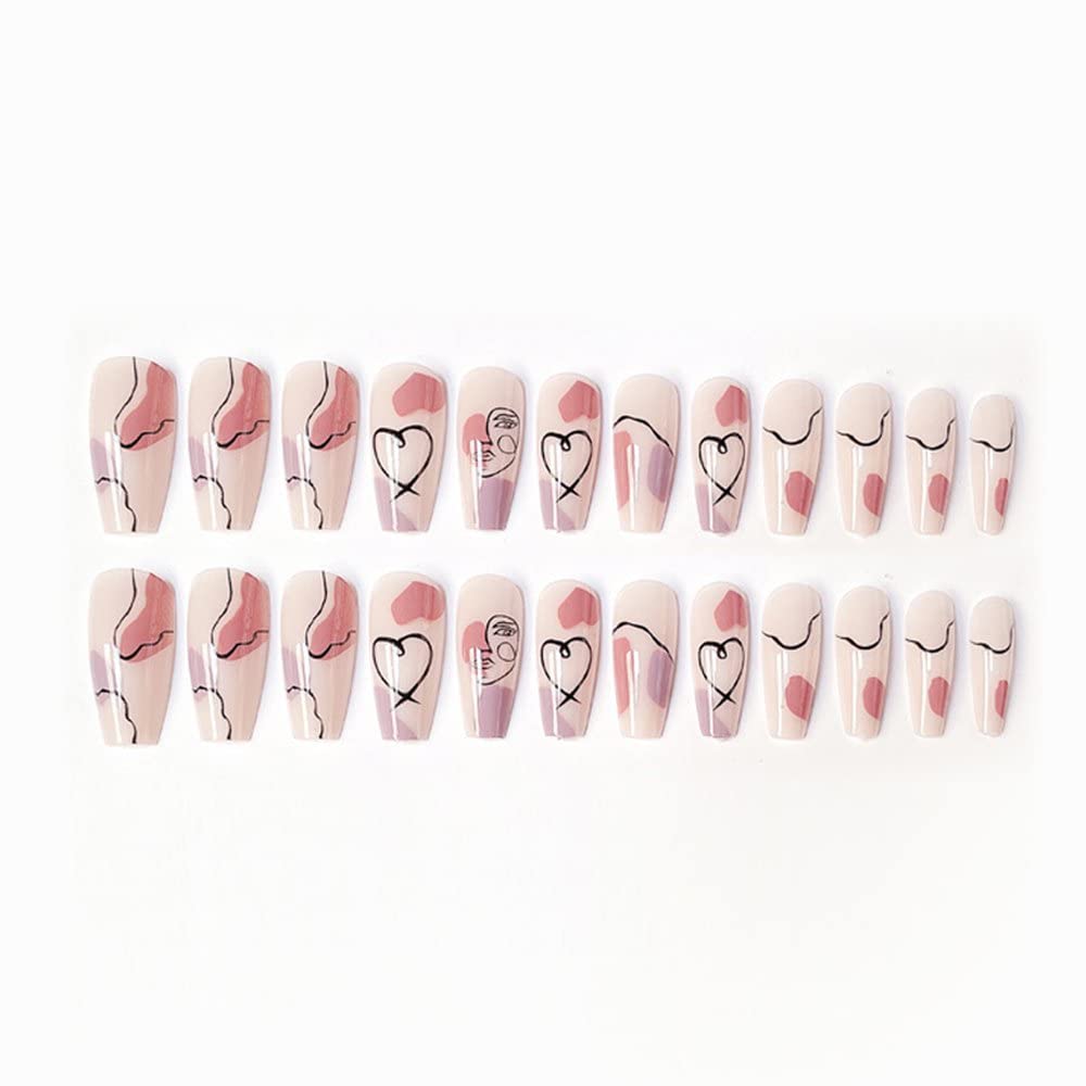 VIKSON INTERNATIONAL 24 Pcs press on Nude multicolor || UV Treated gel glossy finish long printed abstract || press on fake Artificial false nails extension set || With nail glue sticker sheet & nails apply kit for girls women. (BO00005) 1