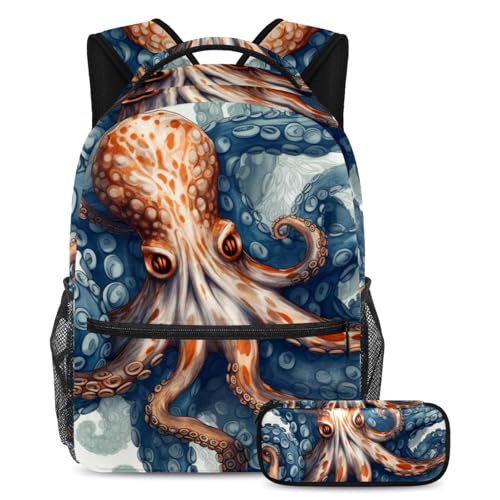 Sac à dos pieuvre vintage ocean animal grand format avec sa trousse assortie