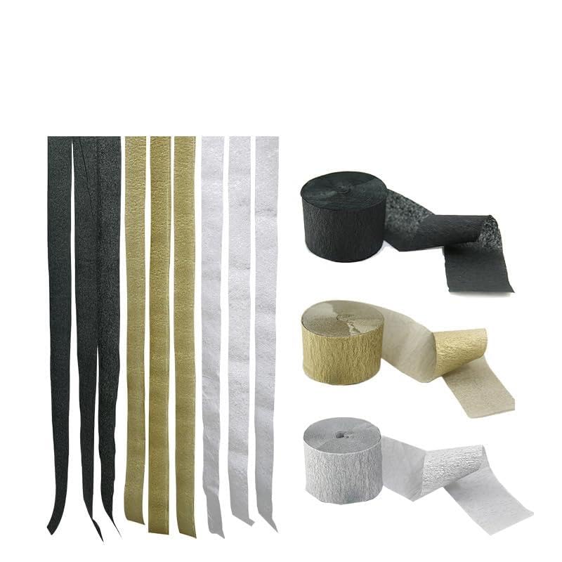 Namzi Crepe Paper Streamers 3 Rolls, Pack of Golden?Silver?Black Crepe Paper for Birthday Decorations, Baby Shower Decorations (1.8 Inch x 72 Ft/Roll)