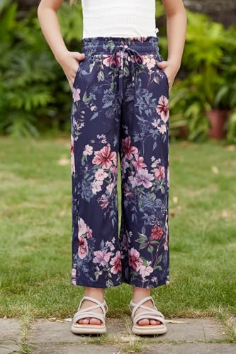 Image of Girls Summer Floral Wide Leg Pants High Waisted Flowy Dress Trousers with Pockets for School Lounge Beach 5-14 Years