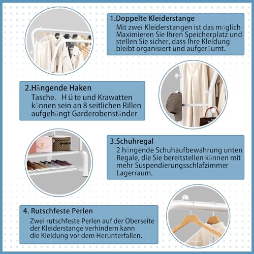 SMILOVII Kleiderständer, Multifunktional Garderobenständer, Freistehender Doppelruten Kleiderbügel für schlafzimmer Kleiderständer, Stabil Kleiderstange mit 8 Haken und 2 Schuhregal metall, weiß