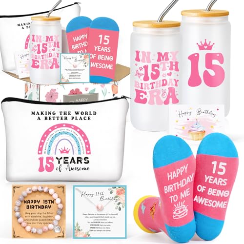 Frerdui 15 Year Old Gifts for Girls 15th Birthday Gifts Set for Teen Girl Quinceaera Gift Box with Jewelry Tumbler Socks Makeup Bag Best Gift Ideas for 15 Year Old Girl Birthday Celebration