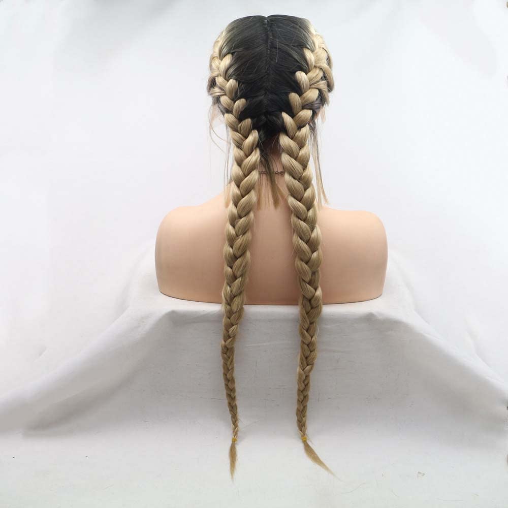 Melody Synthetic Lace Front Braid Wigs - Ombre Blonde Double Braid With Dark Roots - Heat Resistant Fiber - Baby Hair Wigs with Human Weaving