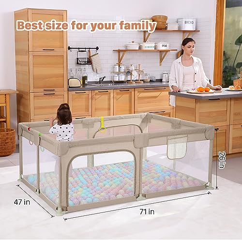 Image of Dripex Baby Playpen, 71 inchx47 inch Large Play Pen for Babies, Beige | Included Portable Bag / Pull up Rings, Breathable Visible Mesh, Anti-Fall Design, Easy Setup, Indoor /Outdoor Use