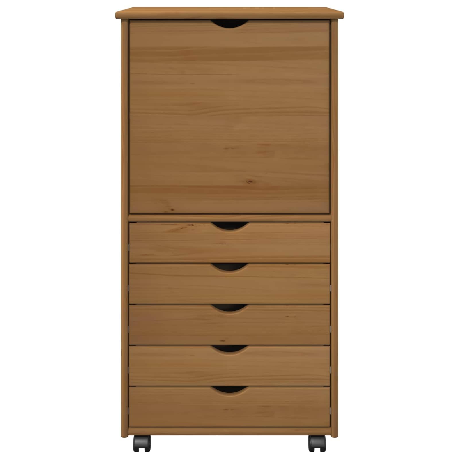 Szafka na kółkach miodowo-brązowa z litego drewna sosnowego, 53 x 39 x 103 cm, z 5 szufladami i 1 regałem, uniwersalna szafka do biura, salonu, korytarza, piwnicy z miejscem do przechowywania