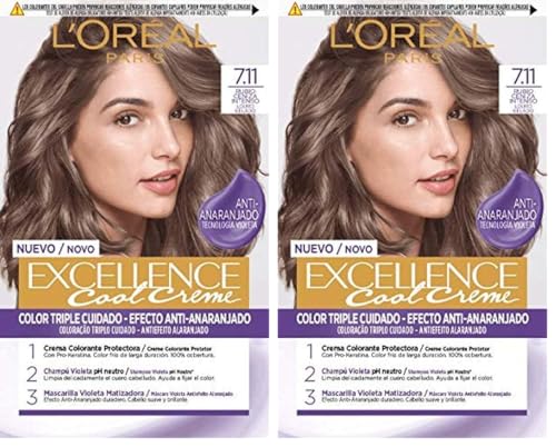L'Oreal Paris Excellence Creme Tinte Permanente, Tono 7.11 Rubio Ceniza Intenso, 260 g (Paquete de 2), El embalaje puede variar