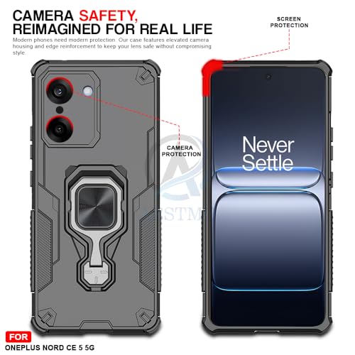 Image of AESTMO Armor Back Cover for OnePlus Nord CE 5 5G | Ring Holder & Kickstand & Camera Protection in-Built | 360 Degree Protection Back Case Cover (Black)