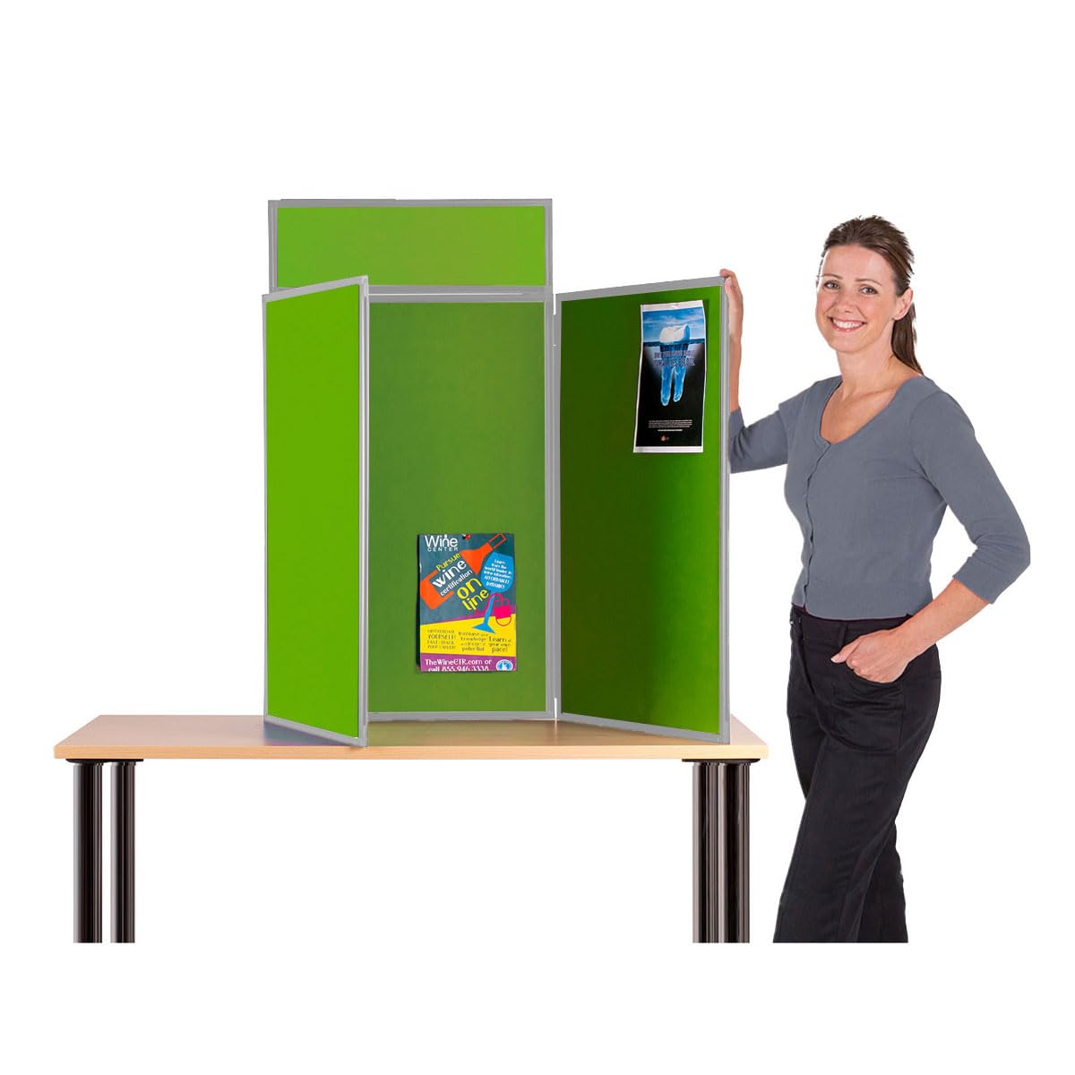 Wonderwall Desktop Exhibition 3 Panel Folding Display Panel Kit, Grass Green Pinboard with Grey PVC Frame,Carry Bag, 100 Adhesive Tabs & Header -11 Colours - for Schools, Exhibitions, Venues