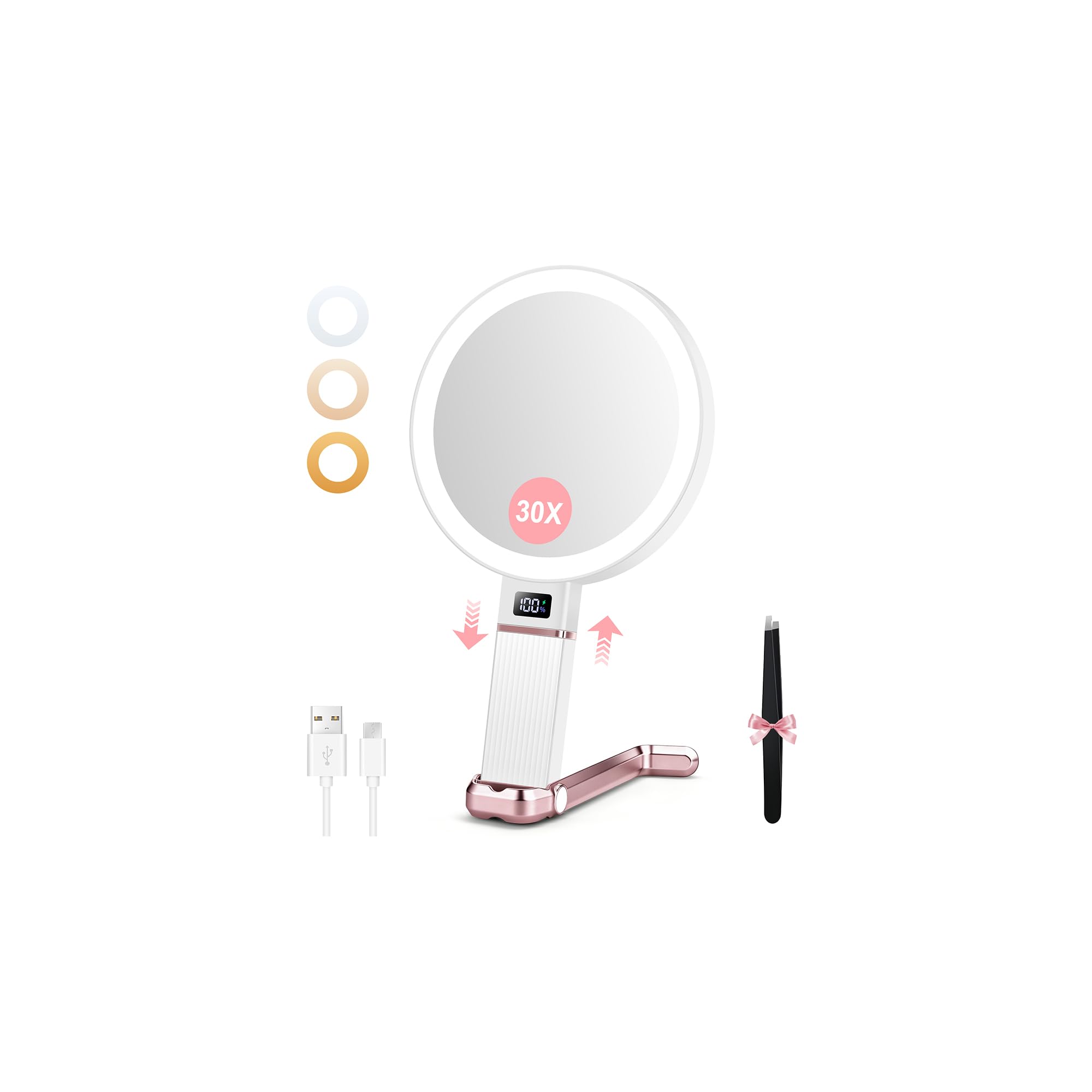 MIYADIVA Specchio da trucco da viaggio con luci, regolabile in altezza 30X/1X, specchio ingranditore a doppia faccia, specchio portatile con display digitale e supporto per telefono, da appendere al