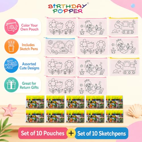 Image of Birthday Popper Birthday Return Gift for Kids Pouch & Sketch Pens Set of 10