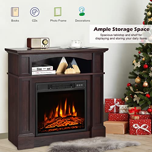 Goflame 32" Electric Fireplace With Mantel And Remote Control, Freestanding Heater With 3-Level Adjustable Flame Brightness And Overheat Protection, Wooden Mantel With Open Compartment, 1400W (Brown) #TOP4