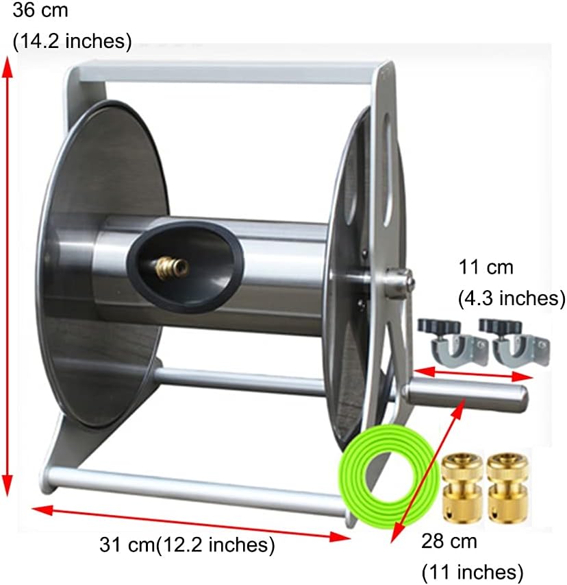 Garden Hose Reel Cart,Household Stainless Steel Car Wash Water Pipe Truck, Gardening Watering Pipe Storage Rack, Copper Water Gun + Water Pipe (Color : Silver, Size : +DN15 15m Pipe)