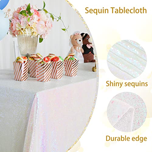 Image of B-COOL Sequin Tablecloth White Iridescent Table Overlay Rainbow Table Cloths 90x132inch Seamless Tablecloth Sparkly Wedding Party Decorations